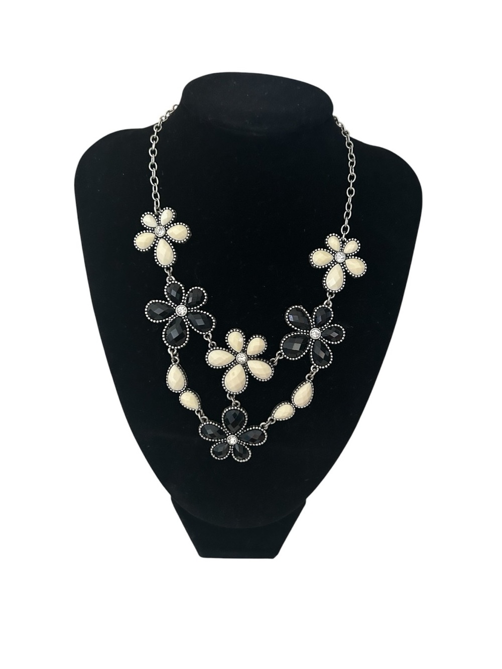 Premiere Designs Floral Statement Necklace Black White Rhinestone Silver Tone
